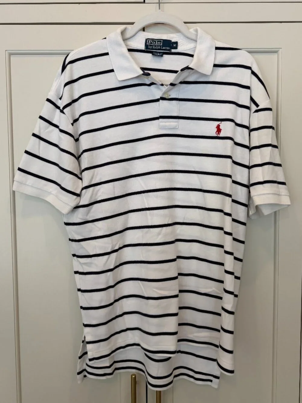 Polo Ralph Lauren White and Navy Striped Cotton Polo Shirt | Size M